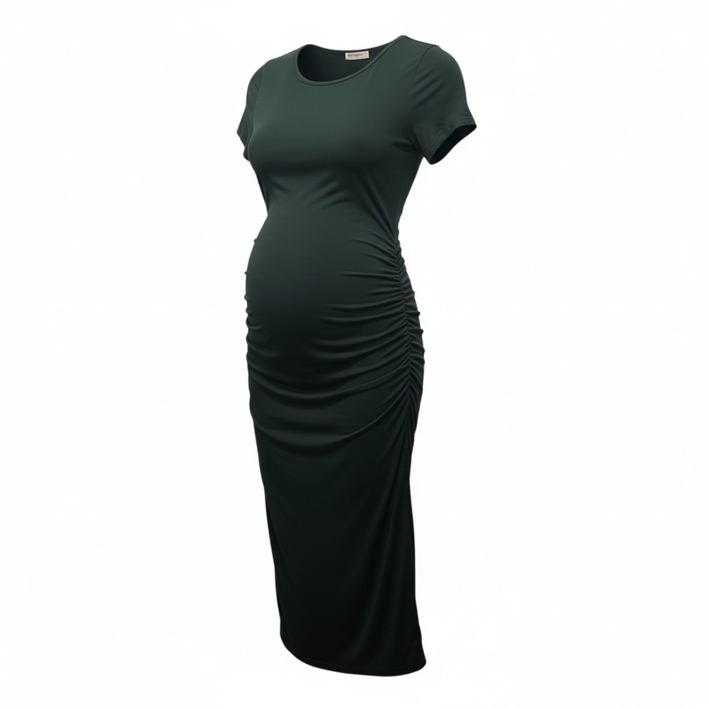 NWT Maternity Smallshow Dress Green Maxi Rached Sz M Short Sleeve